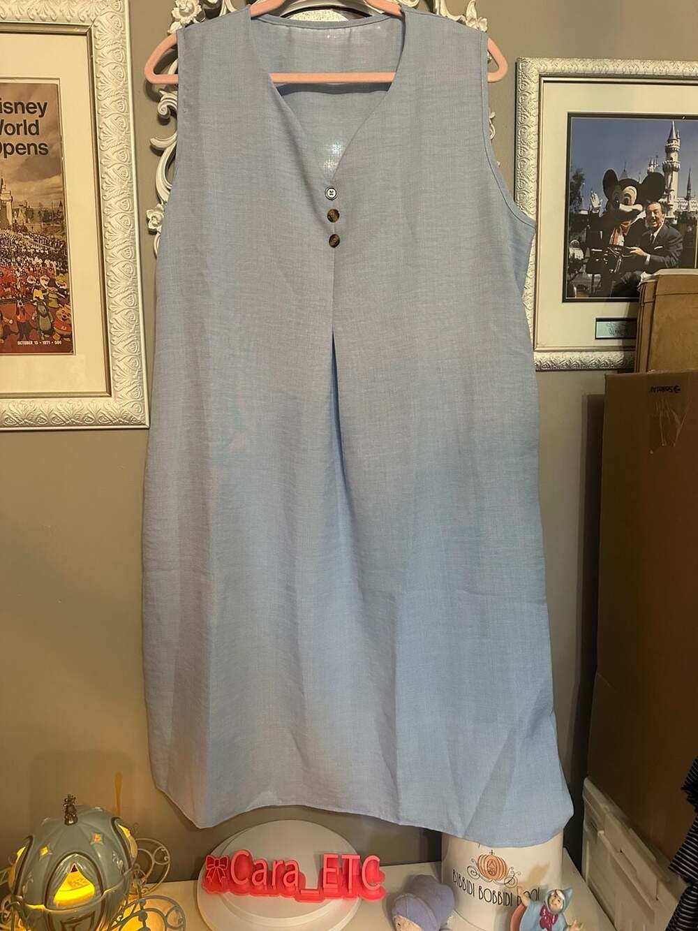 Light Blue Sleeveless V-Neck Cotton Linen Button-Front Midi Shift Dress